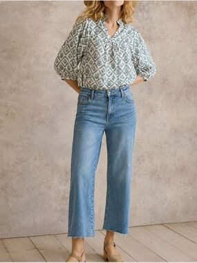 Oliver Logan Aberdeen Wide Leg Distressed Raw Hem Crop Denim Jeans Size‎ 27